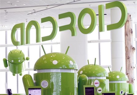 Android mascots are lined up in the demonstration area at the Google I/O Developers Conference in the Moscone Center in San Francisco, Calif Android mascots are lined up in the demonstration area at the Google I/O Developers Conference in the Moscone Center in San Francisco, Calif