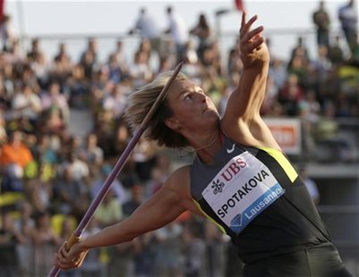 Czech Republic's Barbora Spotakova competes in the women's javelin throw during the Athletissima Diamond League meeting in Lausanne August 2 Czech Republic's Barbora Spotakova competes in the women's javelin throw during the Athletissima Diamond League meeting in Lausanne August 2