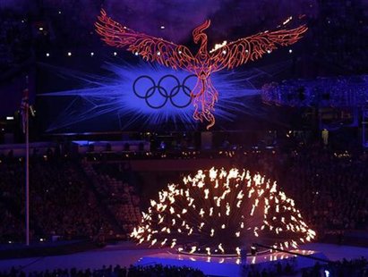 A flaming phoenix flies above the Olympic flame during the closing ceremony of the London 2012 Olympic Games at the Olympic Stadium August 1 A flaming phoenix flies above the Olympic flame during the closing ceremony of the London 2012 Olympic Games at the Olympic Stadium August 1