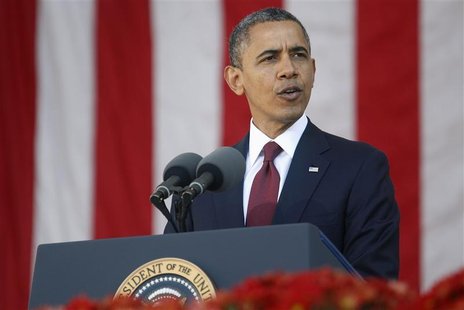 U.S. President Barack Obama delivers Veterans Day remarks at Arlington National Cemetery in Arlington, Virginia, November 11, 2012. REUTERS/ U.S. President Barack Obama delivers Veterans Day remarks at Arlington National Cemetery in Arlington, Virginia, November 11, 2012. REUTERS/