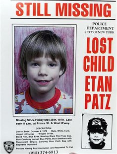 A copy photo of the original missing poster of Etan Patz is shown during a news conference near a New York City apartment building, where po A copy photo of the original missing poster of Etan Patz is shown during a news conference near a New York City apartment building, where po