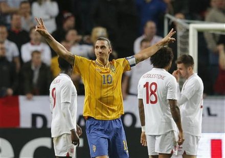 Sweden's Zlatan Ibrahimovic celebrates after scoring against England during their international friendly soccer match at the Friends Arena i Sweden's Zlatan Ibrahimovic celebrates after scoring against England during their international friendly soccer match at the Friends Arena i