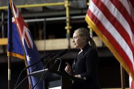 U.S. Secretary of State Hillary Clinton speaks at the Techport Australia shipbuilding facility near Adelaide November 15, 2012. REUTERS/Matt U.S. Secretary of State Hillary Clinton speaks at the Techport Australia shipbuilding facility near Adelaide November 15, 2012. REUTERS/Matt
