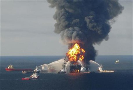 Fire boat response crews battle the blazing remnants of the offshore oil rig Deepwater Horizon, off Louisiana, in this April 21, 2010 file h Fire boat response crews battle the blazing remnants of the offshore oil rig Deepwater Horizon, off Louisiana, in this April 21, 2010 file h
