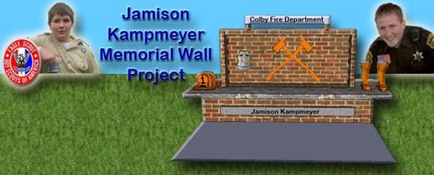 Jamison Kampmeyer Memorial Wall project, organized by Jacob Miller of Dorchester as part of his Eagle Scout project. Kampmeyer died in the line of duty during a fire at the Abby Theatre early in 2012. Jamison Kampmeyer Memorial Wall project, organized by Jacob Miller of Dorchester as part of his Eagle Scout project. Kampmeyer died in the line of duty during a fire at the Abby Theatre early in 2012.