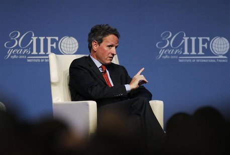 Treasury Secretary Timothy Geithner speaks at the Institute of International Finance (IIF)'s annual meeting in Tokyo October 11, 2012. REUTE Treasury Secretary Timothy Geithner speaks at the Institute of International Finance (IIF)'s annual meeting in Tokyo October 11, 2012. REUTE