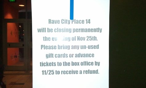 The Rave City Place 14 posted this sign on their doors heading in and out of the theater. The Rave City Place 14 posted this sign on their doors heading in and out of the theater.
