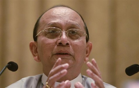 Myanmar's President Thein Sein talks during his first news conference since his re-appointment as head of the ruling party Union Solidarity Myanmar's President Thein Sein talks during his first news conference since his re-appointment as head of the ruling party Union Solidarity