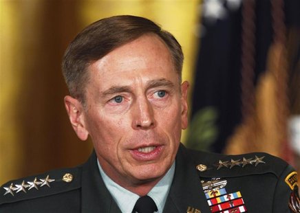 Then U.S. Army Gen. David Petraeus talks at an event in the East Room of the White House in this April 28, 2011 file photo during U.S. Presi Then U.S. Army Gen. David Petraeus talks at an event in the East Room of the White House in this April 28, 2011 file photo during U.S. Presi