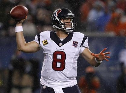 Houston Texans quarterback Matt Schaub (8) throws a pass against the Chicago Bears during the first half of their NFL football game at Soldi Houston Texans quarterback Matt Schaub (8) throws a pass against the Chicago Bears during the first half of their NFL football game at Soldi
