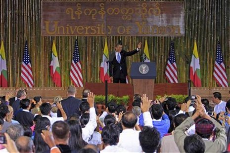 U.S. President Barack Obama waves after giving a speech at the University of Yangon November 19, 2012. REUTERS/Minzayar U.S. President Barack Obama waves after giving a speech at the University of Yangon November 19, 2012. REUTERS/Minzayar