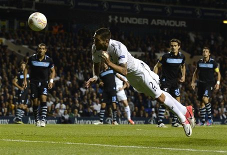 Tottenham Hotspur's Clint Dempsey heads the ball to score a disallowed goal against Lazio during their Europa League soccer match at White H Tottenham Hotspur's Clint Dempsey heads the ball to score a disallowed goal against Lazio during their Europa League soccer match at White H