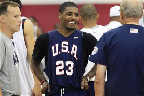 Kyrie Irving (C) smiles during the U.S. Olympic basketball team practice at UNLV's Mendenhall Center in Las Vegas, Nevada July 6, 2012. REUT Kyrie Irving (C) smiles during the U.S. Olympic basketball team practice at UNLV's Mendenhall Center in Las Vegas, Nevada July 6, 2012. REUT