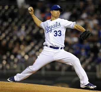 Kansas City Royals starting pitcher Jeremy Guthrie delivers a first inning pitch against the Detroit tigers in their MLB American League bas Kansas City Royals starting pitcher Jeremy Guthrie delivers a first inning pitch against the Detroit tigers in their MLB American League bas