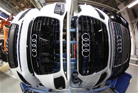 Audi A4 front parts with emblems are pictured at the production line of the German car manufacturer's plant in the Bavarian city of Ingolsta Audi A4 front parts with emblems are pictured at the production line of the German car manufacturer's plant in the Bavarian city of Ingolsta