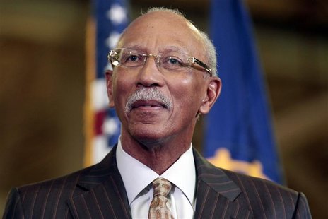 Detroit Mayor Dave Bing listens during a news conference at the Chrysler Mack I auto plant in Detroit, Michigan November 15, 2012. REUTERS/R Detroit Mayor Dave Bing listens during a news conference at the Chrysler Mack I auto plant in Detroit, Michigan November 15, 2012. REUTERS/R