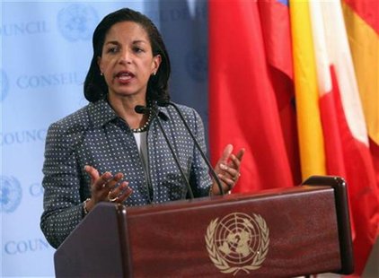U.S. ambassador to the United Nations (U.N.) Susan Rice speaks with the media after Security Council consultations at U.N. headquarters in N U.S. ambassador to the United Nations (U.N.) Susan Rice speaks with the media after Security Council consultations at U.N. headquarters in N