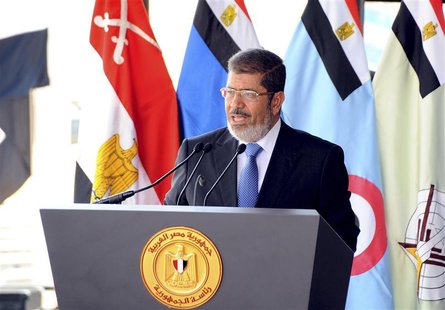 Egypt's President Mohamed Mursi speaks during his visit to the 6th armored division of the second army, in Ismailia October 10, 2012. REUTER Egypt's President Mohamed Mursi speaks during his visit to the 6th armored division of the second army, in Ismailia October 10, 2012. REUTER