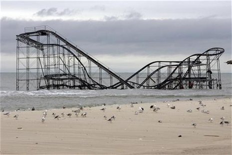 The extensive damage to an amusement park roller coaster in the aftermath of Hurricane Sandy is seen in Seaside Heights, New Jersey, Novembe The extensive damage to an amusement park roller coaster in the aftermath of Hurricane Sandy is seen in Seaside Heights, New Jersey, Novembe