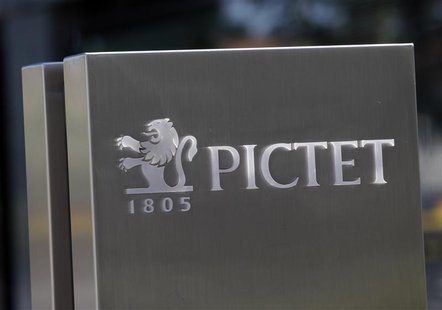 A sign bearing the logo of family owned private bank Pictet is pictured at the company headquarters in Geneva May 7, 2012. REUTERS/Denis Bal A sign bearing the logo of family owned private bank Pictet is pictured at the company headquarters in Geneva May 7, 2012. REUTERS/Denis Bal