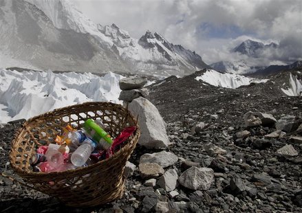 Rubbish collected at Everest base camp with the Himalayan range seen at the background in Nepal, May 03, 2011. Picture taken May 03, 2011. R Rubbish collected at Everest base camp with the Himalayan range seen at the background in Nepal, May 03, 2011. Picture taken May 03, 2011. R