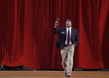 Former Boston Red Sox pitcher Roger Clemens is introduced as a member of the "All-Time Fenway Park Team" before the start of American League Former Boston Red Sox pitcher Roger Clemens is introduced as a member of the "All-Time Fenway Park Team" before the start of American League