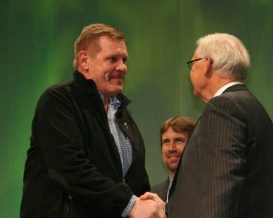 Ottawa County dairy farmer David VanDyke (left) accepts Michigan Farm Bureau's 2012 Volunteer of the Year Award from MFB President Wayne H. Wood during a ceremony at the MFB Convention in Grandd Rapids on Nov. 27, 2012 (photo courtesy Michigan Farm Bureau) Ottawa County dairy farmer David VanDyke (left) accepts Michigan Farm Bureau's 2012 Volunteer of the Year Award from MFB President Wayne H. Wood during a ceremony at the MFB Convention in Grandd Rapids on Nov. 27, 2012 (photo courtesy Michigan Farm Bureau)