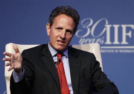 Treasury Secretary Timothy Geithner speaks at the Institute of International Finance (IIF)'s annual meeting in Tokyo October 11, 2012. REUTE Treasury Secretary Timothy Geithner speaks at the Institute of International Finance (IIF)'s annual meeting in Tokyo October 11, 2012. REUTE