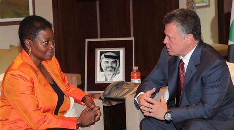 Jordan's King Abdullah (R) meets with United Nations emergency relief coordinator Valerie Amos at the Royal Palace in Amman November 26, 201 Jordan's King Abdullah (R) meets with United Nations emergency relief coordinator Valerie Amos at the Royal Palace in Amman November 26, 201