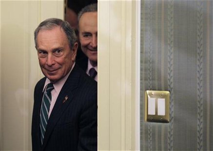 New York City Mayor Michael Bloomberg (L) and Senator Charles Schumer (D-NY) arrive at a joint news conference on the Hurricane Sandy Federa New York City Mayor Michael Bloomberg (L) and Senator Charles Schumer (D-NY) arrive at a joint news conference on the Hurricane Sandy Federa