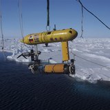 A free-swimming robot submarine, which is carried aboard the Australian Antarctic Division's icebreaker, Aurora Australis, is suspended from A free-swimming robot submarine, which is carried aboard the Australian Antarctic Division's icebreaker, Aurora Australis, is suspended from