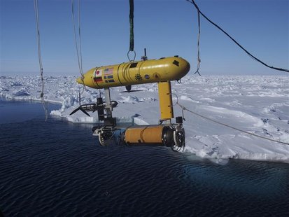 A free-swimming robot submarine, which is carried aboard the Australian Antarctic Division's icebreaker, Aurora Australis, is suspended from A free-swimming robot submarine, which is carried aboard the Australian Antarctic Division's icebreaker, Aurora Australis, is suspended from
