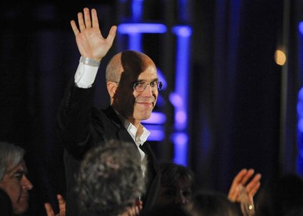Movie producer Jeffrey Katzenberg waves at the audience at the 2nd Annual Reel Stories, Real Lives event benefiting the Motion Picture & Tel Movie producer Jeffrey Katzenberg waves at the audience at the 2nd Annual Reel Stories, Real Lives event benefiting the Motion Picture & Tel