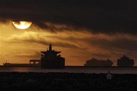 Anchored container ships and with other vessels sit offshore near the ports of Los Angeles and Long Beach during a strike by the Internation Anchored container ships and with other vessels sit offshore near the ports of Los Angeles and Long Beach during a strike by the Internation
