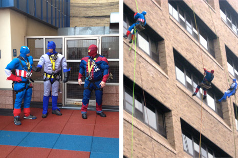 Brightway Window Service staff dressed as superheros for a days work outside of St. Joseph's Hospital's pediatrics unit.