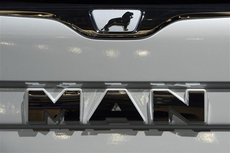 Logo of German truckmaker MAN, is pictured at the IAA truck show in Hanover, September 18, 2012. Picture taken September 18. REUTERS/Fabian Logo of German truckmaker MAN, is pictured at the IAA truck show in Hanover, September 18, 2012. Picture taken September 18. REUTERS/Fabian