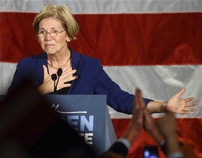 REFILE - QUALITY REPEAT Democratic candidate for the U.S. Senate seat for Massachusetts Elizabeth Warren addresses supporters during her vic REFILE - QUALITY REPEAT Democratic candidate for the U.S. Senate seat for Massachusetts Elizabeth Warren addresses supporters during her vic