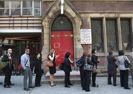 People wait in line to enter a job fair in New York April 18, 2012. REUTERS/Shannon Stapleton People wait in line to enter a job fair in New York April 18, 2012. REUTERS/Shannon Stapleton