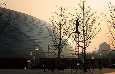 A worker stands atop a metal frame as he attaches small lights to the branches of trees in front of the National Grand Theatre, nicknamed "T A worker stands atop a metal frame as he attaches small lights to the branches of trees in front of the National Grand Theatre, nicknamed "T