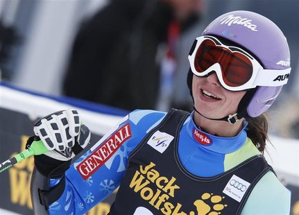 Tina Maze of Slovenia reacts in the finish area after the Super-G run of the women’s Alpine skiing World Cup Super Combined race at the Corv Tina Maze of Slovenia reacts in the finish area after the Super-G run of the women’s Alpine skiing World Cup Super Combined race at the Corv