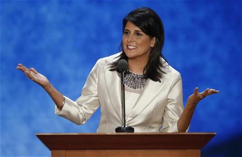 South Carolina Governor Nikki Haley addresses the second session of the Republican National Convention in Tampa, Florida August 28, 2012. RE South Carolina Governor Nikki Haley addresses the second session of the Republican National Convention in Tampa, Florida August 28, 2012. RE