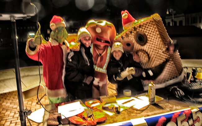 Here's the Grinch, the Gingerbread Man, SpongeBob with Wausau Area Events Helper Bee Patricia M. and Stacy Cole!