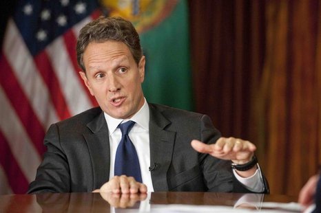 U.S. Treasury Secretary Tim Geithner gestures as he is interviewed by Bob Schieffer (not pictured) in Washington, on November 30, 2012 for t U.S. Treasury Secretary Tim Geithner gestures as he is interviewed by Bob Schieffer (not pictured) in Washington, on November 30, 2012 for t