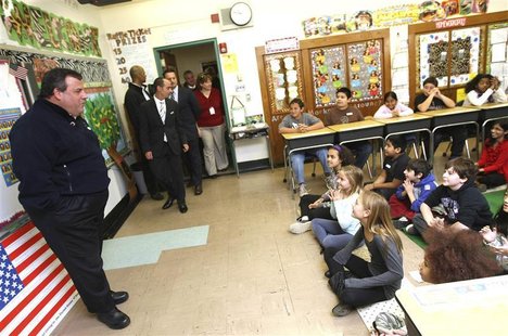 New Jersey Governor Chris Christie visits fifth grade students at Berkeley Elementary School in Westwood, New Jersey, November 6, 2012 in th New Jersey Governor Chris Christie visits fifth grade students at Berkeley Elementary School in Westwood, New Jersey, November 6, 2012 in th