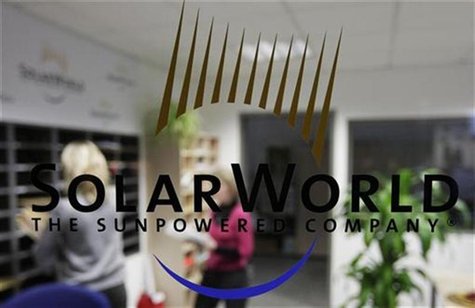 The logo of SolarWorld AG is pictured at the reception in a plant in Freiberg near Dresden December 17, 2008. REUTERS/Hannibal Hanschke The logo of SolarWorld AG is pictured at the reception in a plant in Freiberg near Dresden December 17, 2008. REUTERS/Hannibal Hanschke