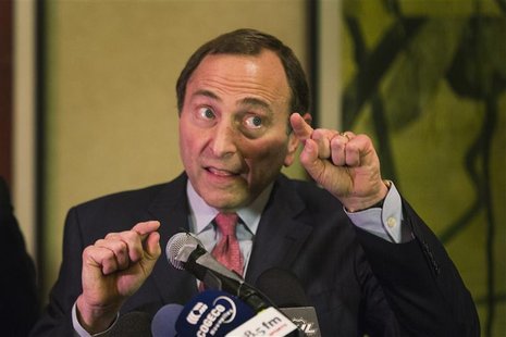 National Hockey League (NHL) Commissioner Gary Bettman gestures as he describes negotiations between the NHL and the NHL Players Association National Hockey League (NHL) Commissioner Gary Bettman gestures as he describes negotiations between the NHL and the NHL Players Association