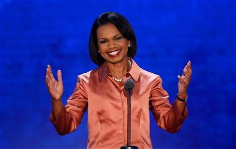 Former Secretary of State Condoleezza Rice reacts as she arrives to address delegates during the third session of the Republican National Co Former Secretary of State Condoleezza Rice reacts as she arrives to address delegates during the third session of the Republican National Co