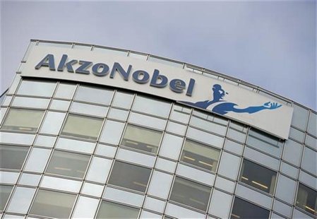 AkzoNobel's logo is seen, ahead of a presentation of the paint maker's 2011 fourth quarter and annual results, in Amsterdam in this file pho AkzoNobel's logo is seen, ahead of a presentation of the paint maker's 2011 fourth quarter and annual results, in Amsterdam in this file pho
