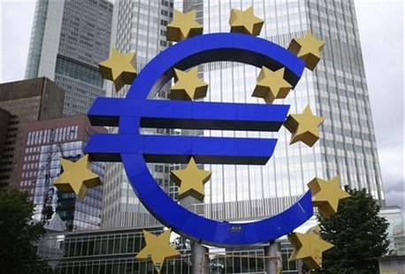 A structure showing the Euro currency sign is seen in front of the European Central Bank (ECB) headquarters in Frankfurt July 11, 2012. REUT A structure showing the Euro currency sign is seen in front of the European Central Bank (ECB) headquarters in Frankfurt July 11, 2012. REUT