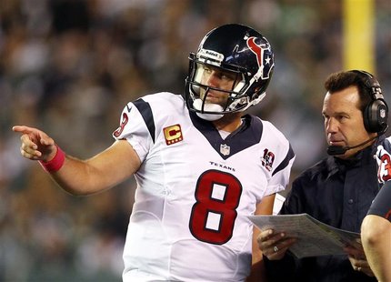 Houston Texans quarterback Matt Schaub talks with Texans head coach Gary Kubiak against the New York Jets during the second half of their NF Houston Texans quarterback Matt Schaub talks with Texans head coach Gary Kubiak against the New York Jets during the second half of their NF